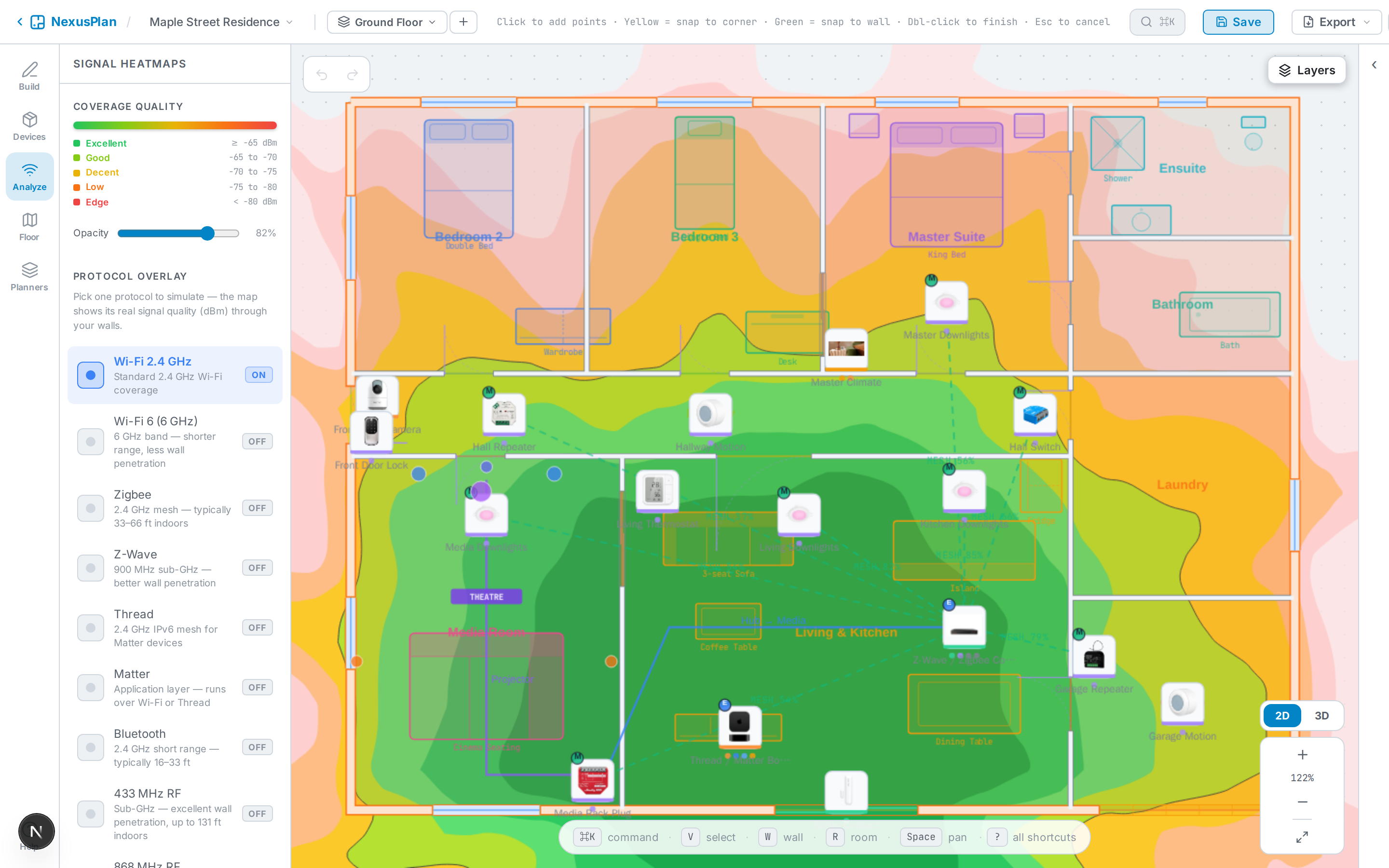 The coverage heatmap over a plan — green is strong, red is weak.