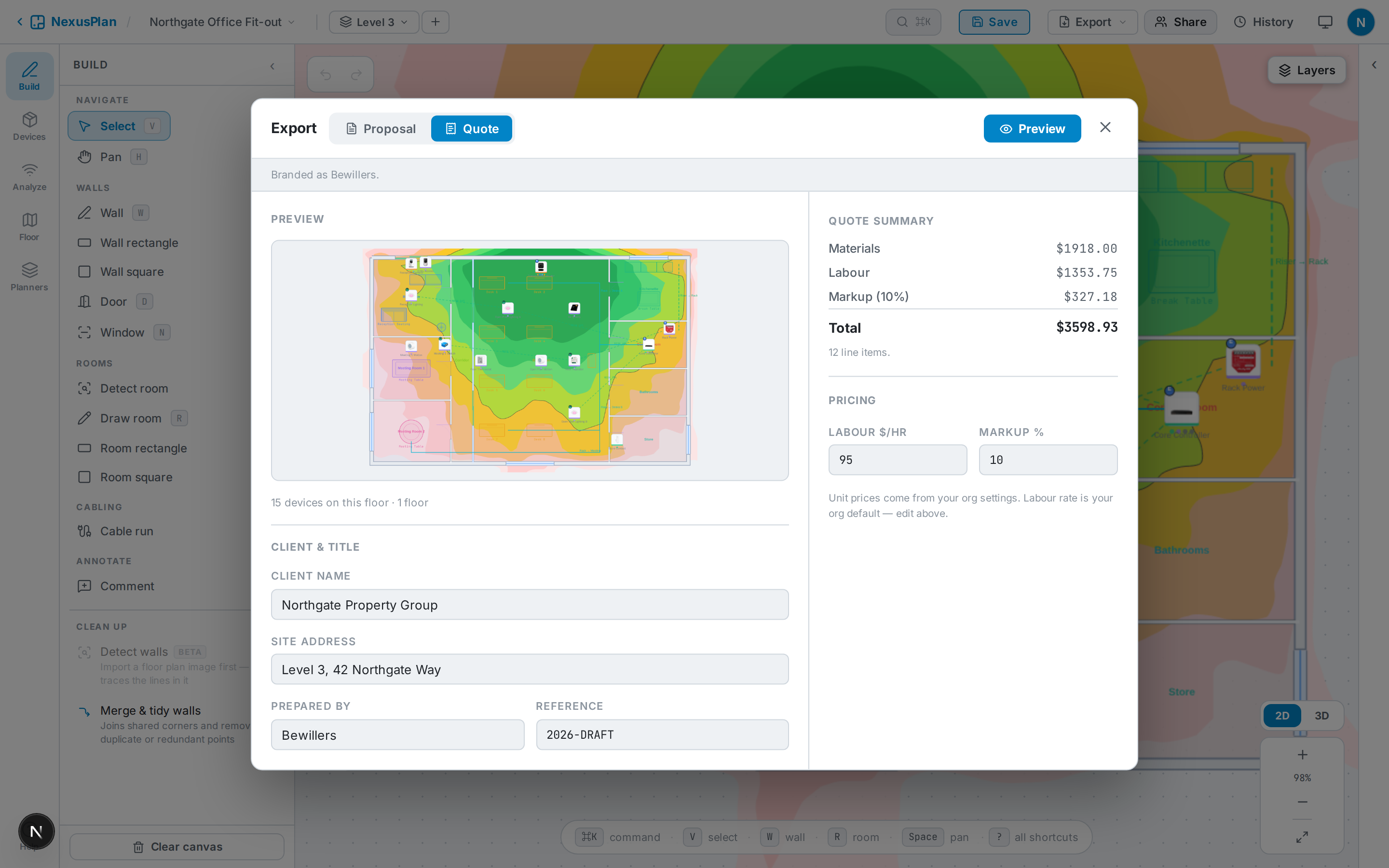 The export hub, generating a client-ready document.