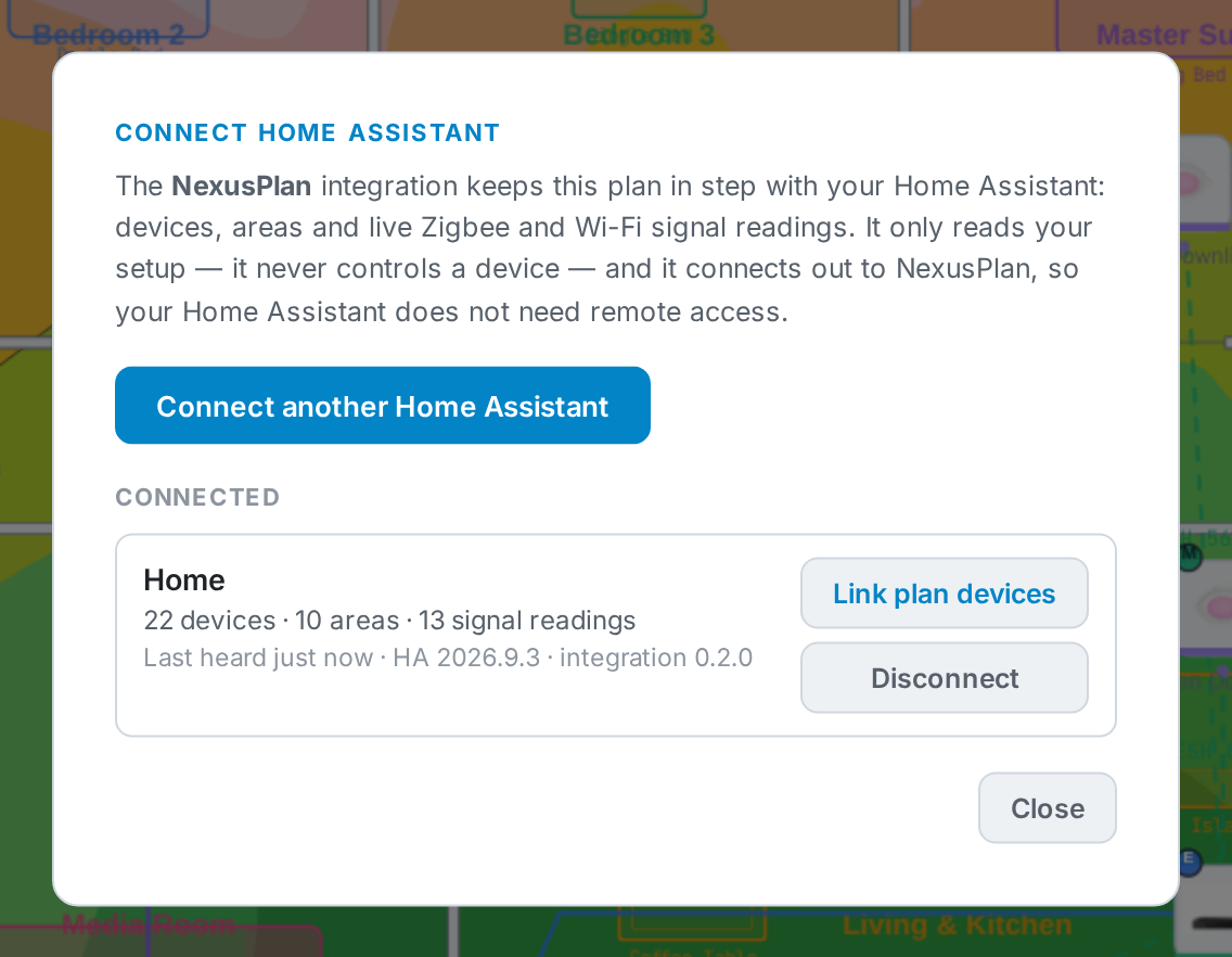 The connection listed in NexusPlan: devices, areas and signal readings received.