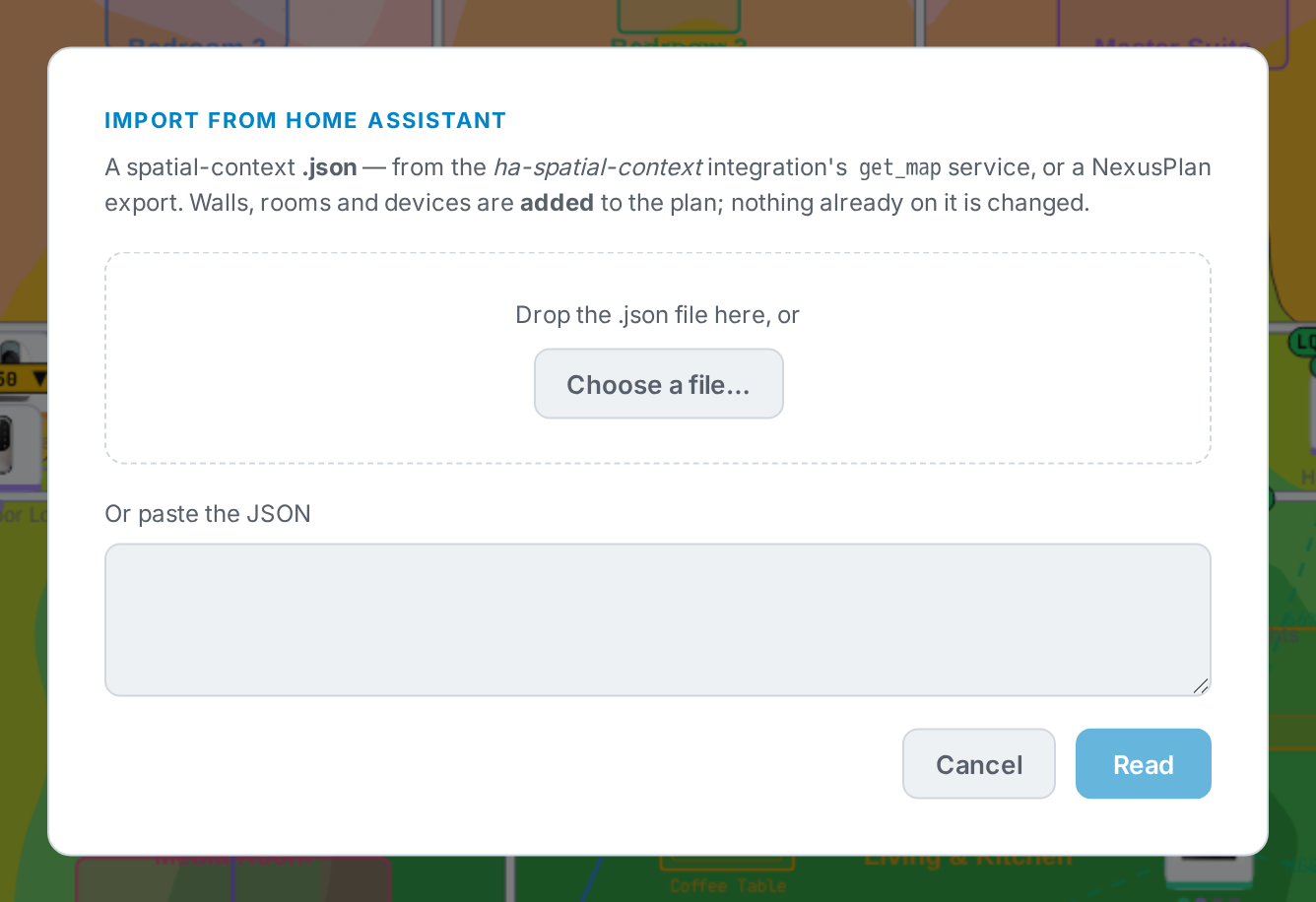 The import dialog: from your connected Home Assistant, or from a file.