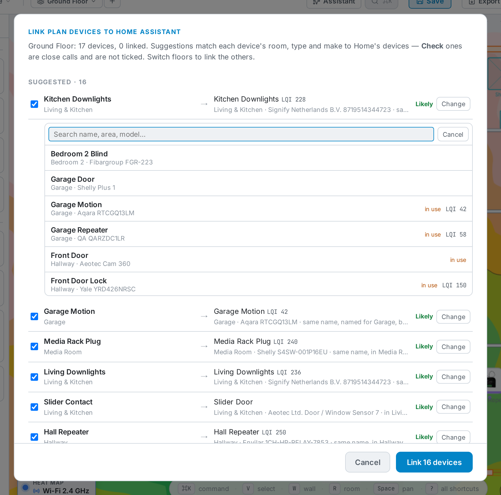 Choosing a different Home Assistant device, with a search box.