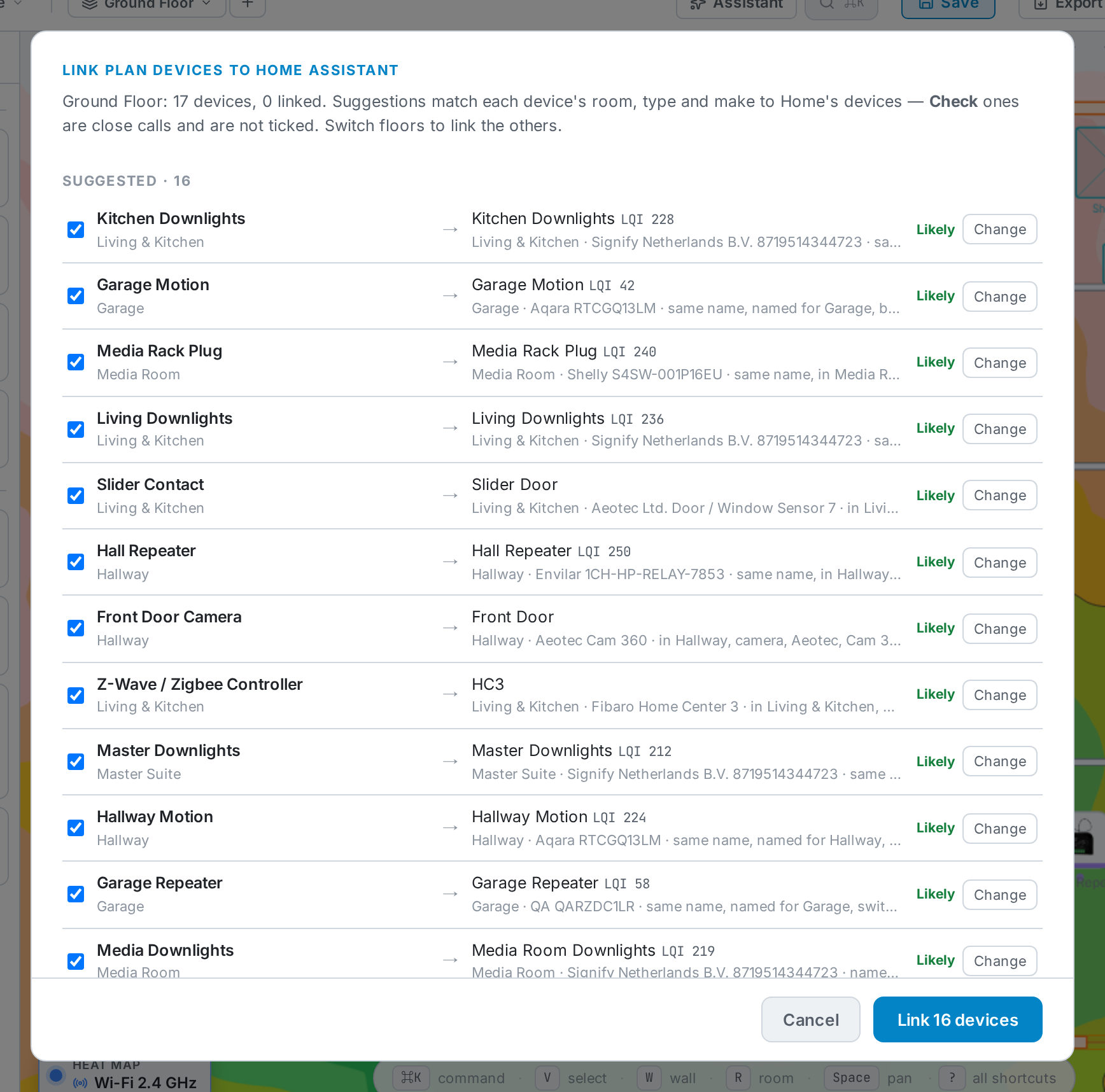 Link plan devices: each plan device with its suggested Home Assistant device.