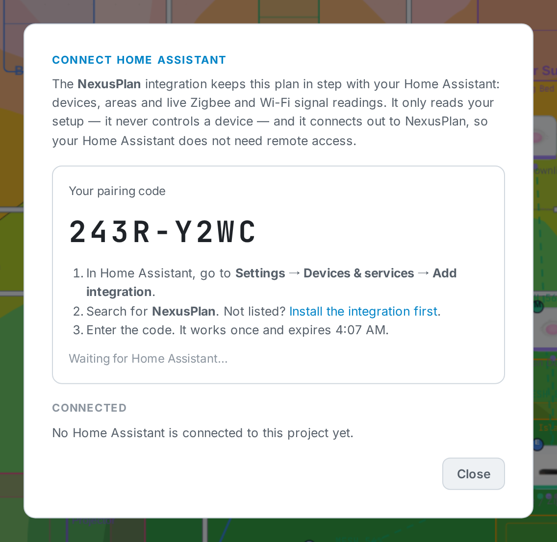 A pairing code, with the steps to enter it.