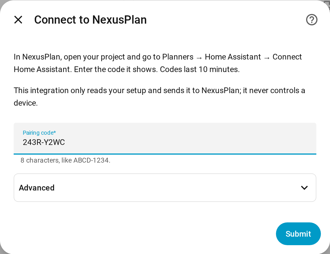 The NexusPlan setup dialog in Home Assistant, with a pairing code entered.
