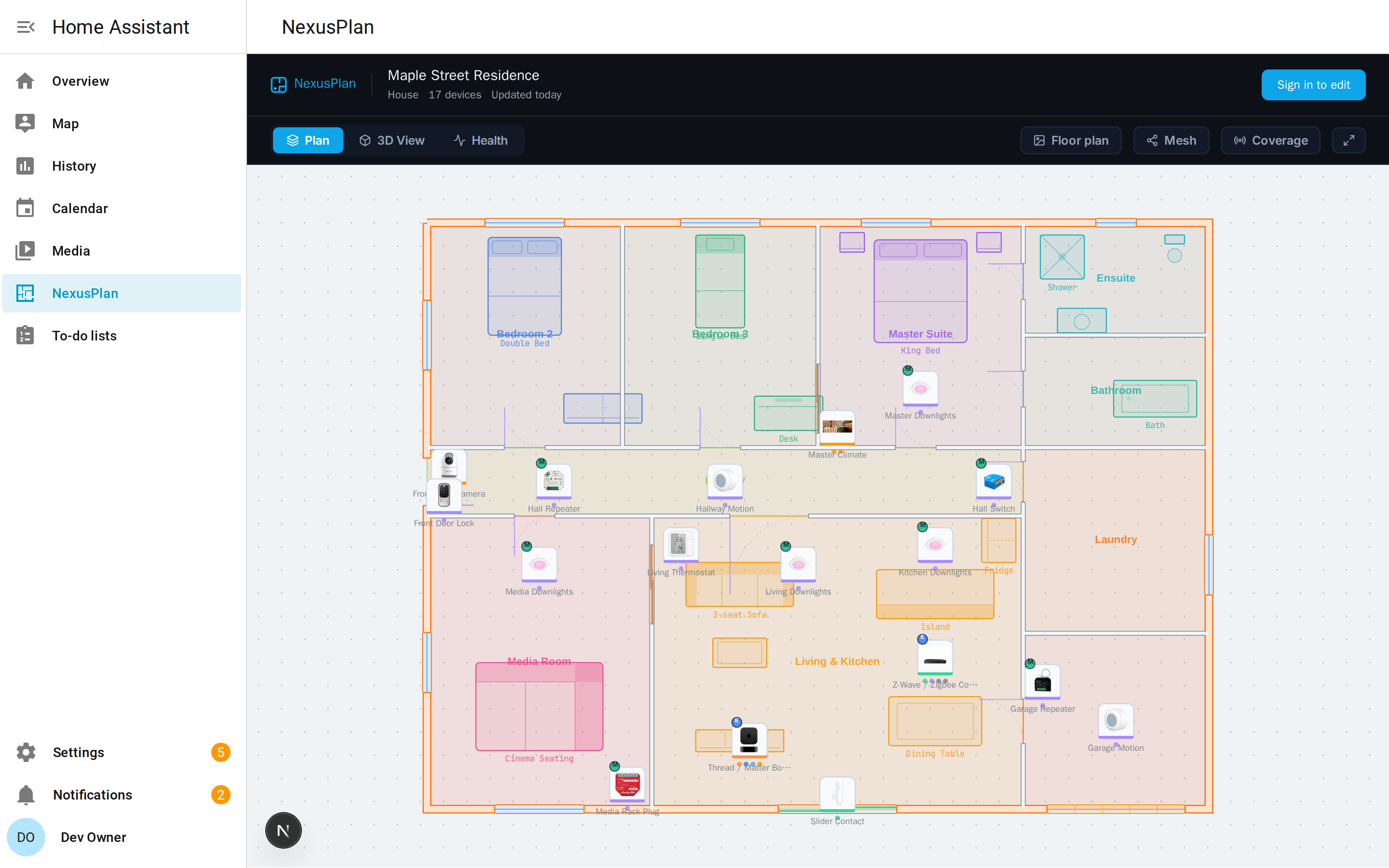 NexusPlan in Home Assistant's sidebar, showing the plan read-only.