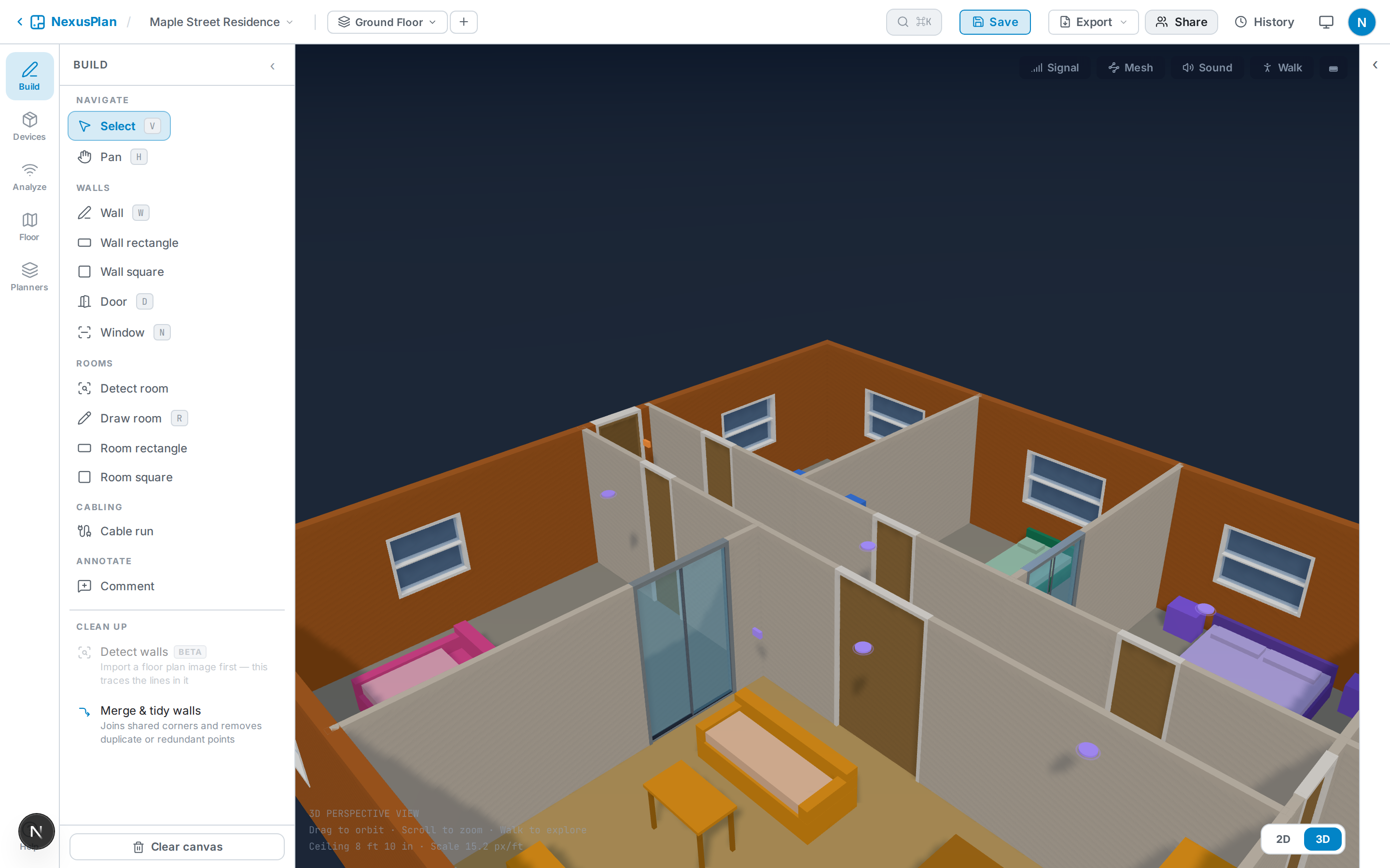 The 3D view — a live model of the space with real walls and openings.