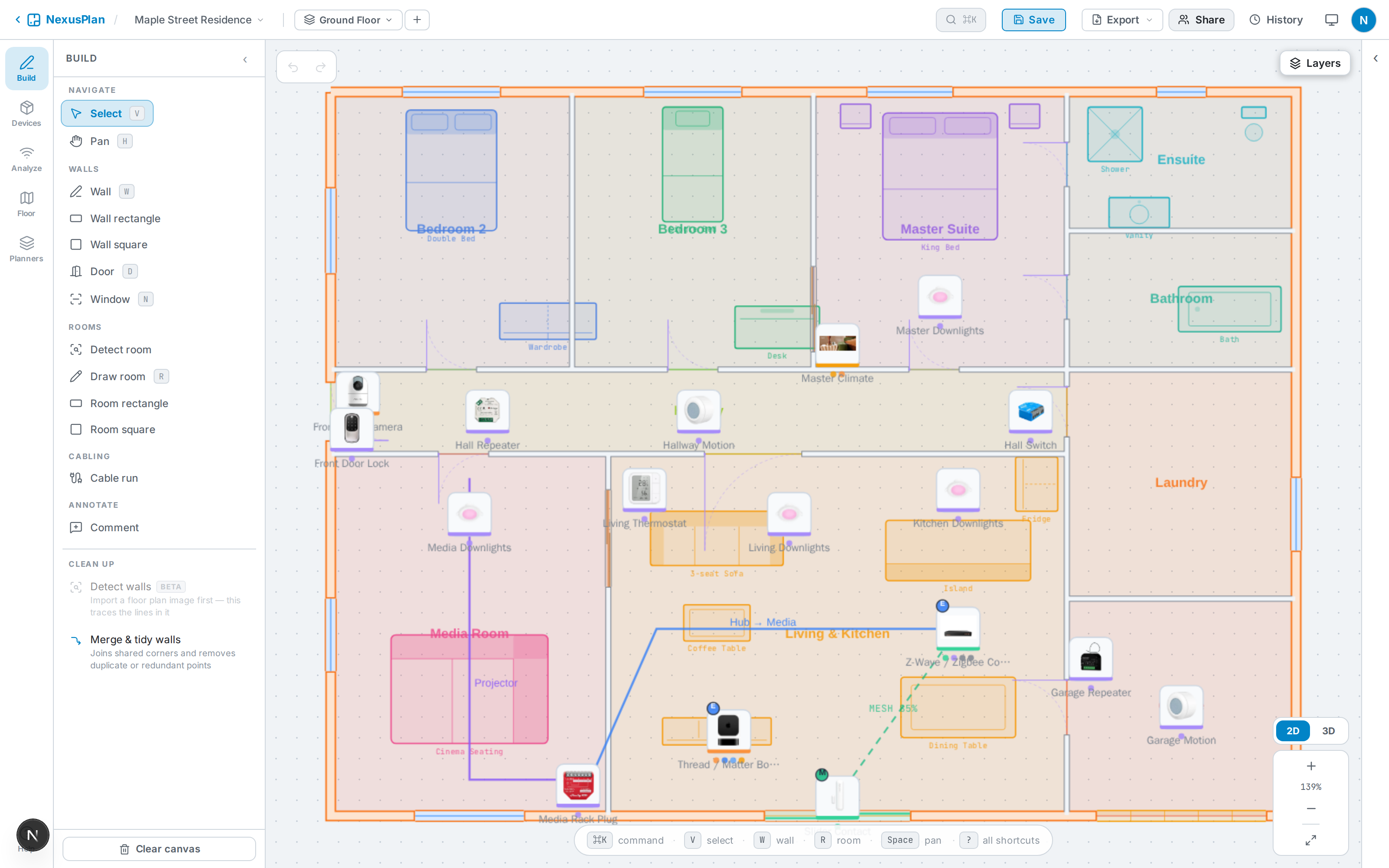 The plan: walls, rooms, devices and furniture